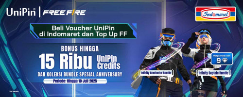 Anniversary Bundle Spesial dari Free Fire kembali hadir! Bonus Hingga 15Ribu UniPin Credits dengan Top Up FF Pakai Voucher UniPin dari Indomaret!